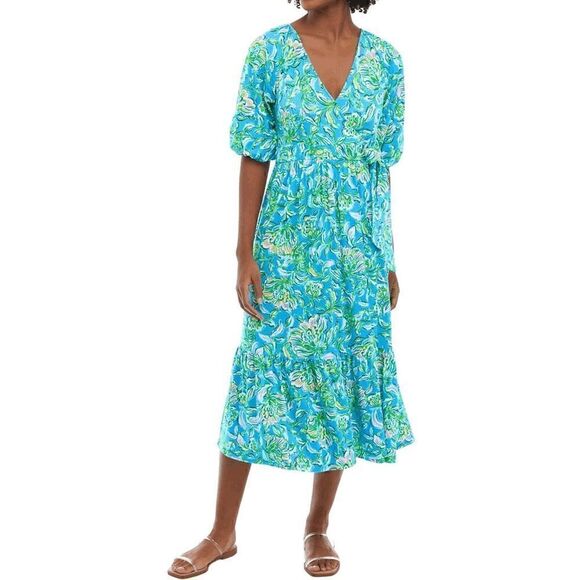 💙 LILLY PULITZER Brantley V-Neck Midi Wrap Dress SIZE M NEW WITH TAGS - Picture 7 of 15